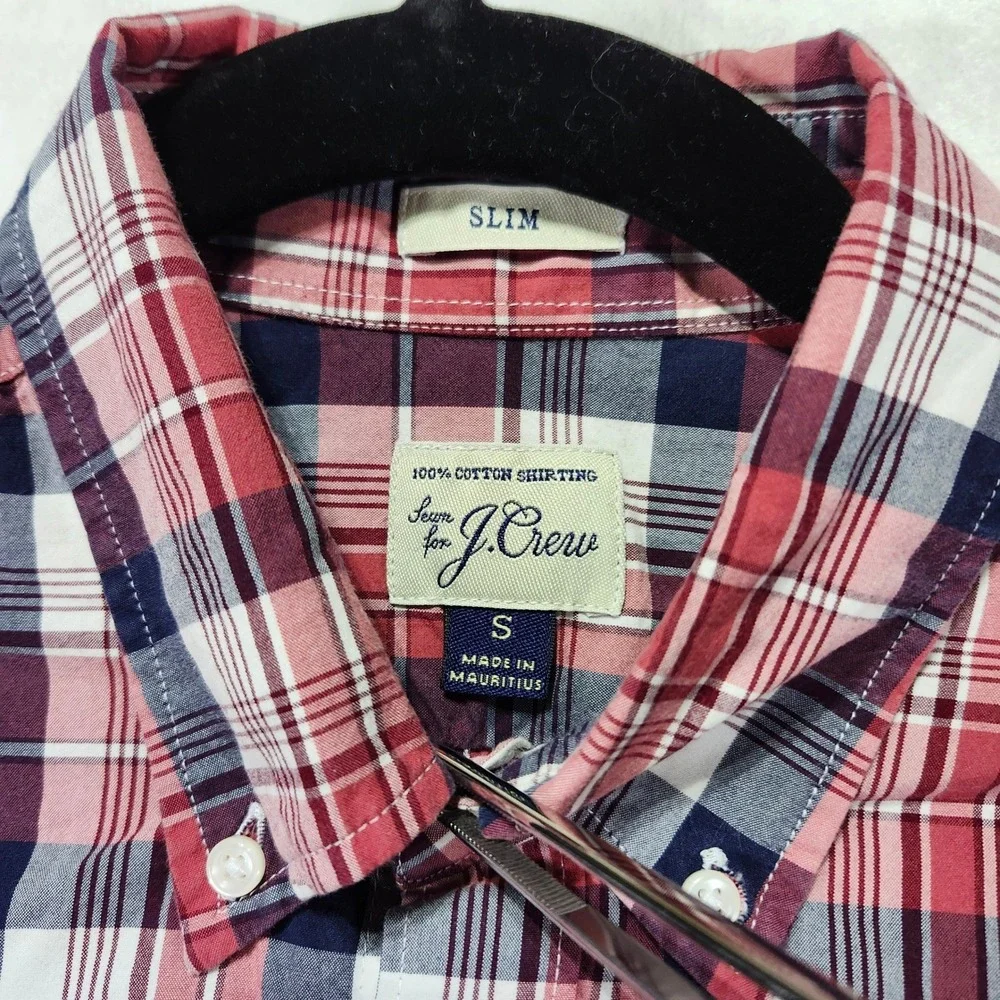 J Crew Slim Fit‎ Plaid Button Down Shirt Men's Size S Red Navy White Cotton Ca